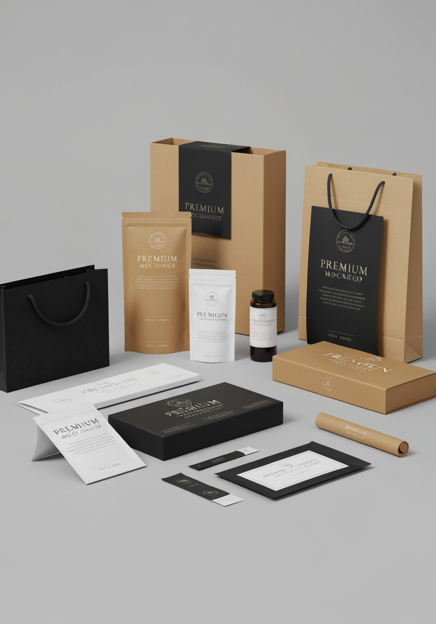 AI Design for Premium packaging mockup concept for create a logo. Brand identity applied to realistic boxes, pouches, labels, wraps, or bags as appropriate, polished tabletop scene, tactile materials, no invented readable copy.