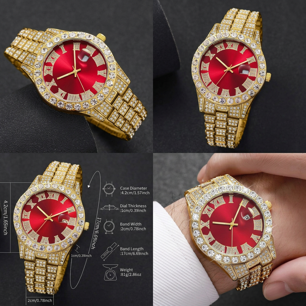 AI Design for 把前三张图片的表盘换成最后一张图的红色表盘