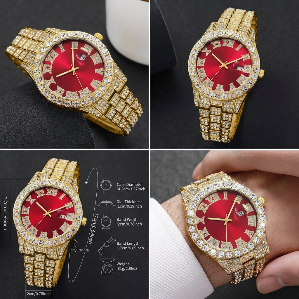 AI Design for 把前三张图片的表盘换成最后一张图的红色表盘