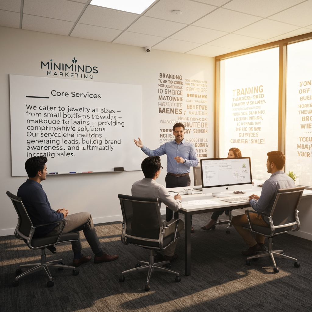 AI Design for meri marketing agency ka naam miniminds marketing hai
or hum kya karte hai bade chhote jitne bhi jwelery stores hai unki marketing karte hai
jisse unhe leads,brand aware ness, sells