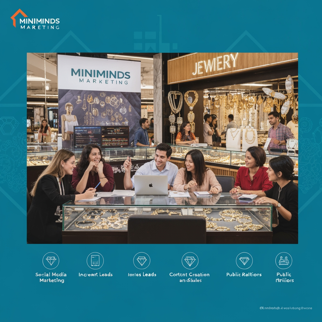 AI Design for meri marketing agency ka naam miniminds marketing hai
or hum kya karte hai bade chhote jitne bhi jwelery stores hai unki marketing karte hai
jisse unhe leads,brand aware ness, sells