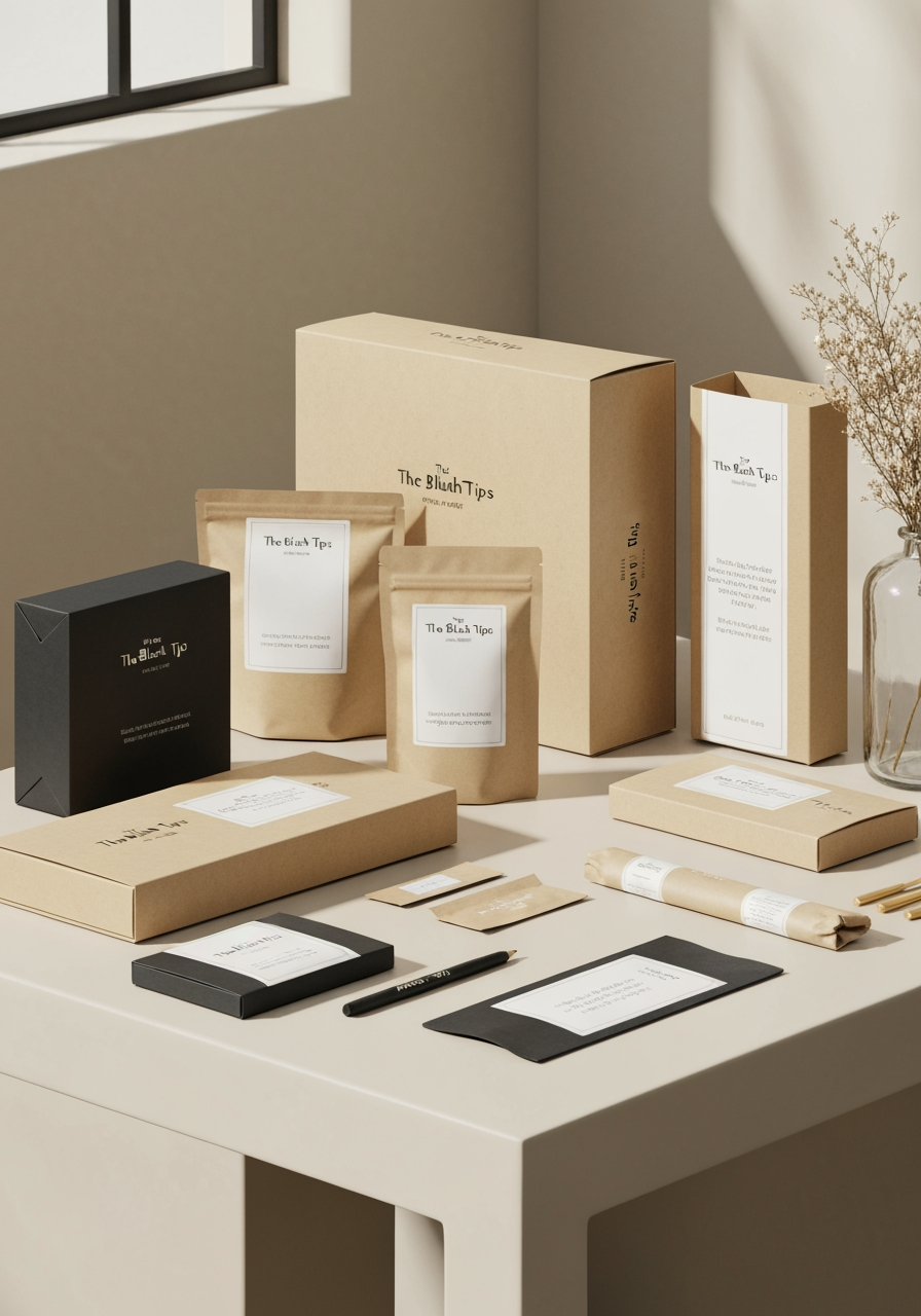 AI Design for Premium packaging mockup concept for i want to create a logo for my press on nails brand name " The Blush Tips ". Brand identity applied to realistic boxes, pouches, labels, wraps, or bags as appropriate, polished tabletop scene, tactile materials, no invented readable copy.