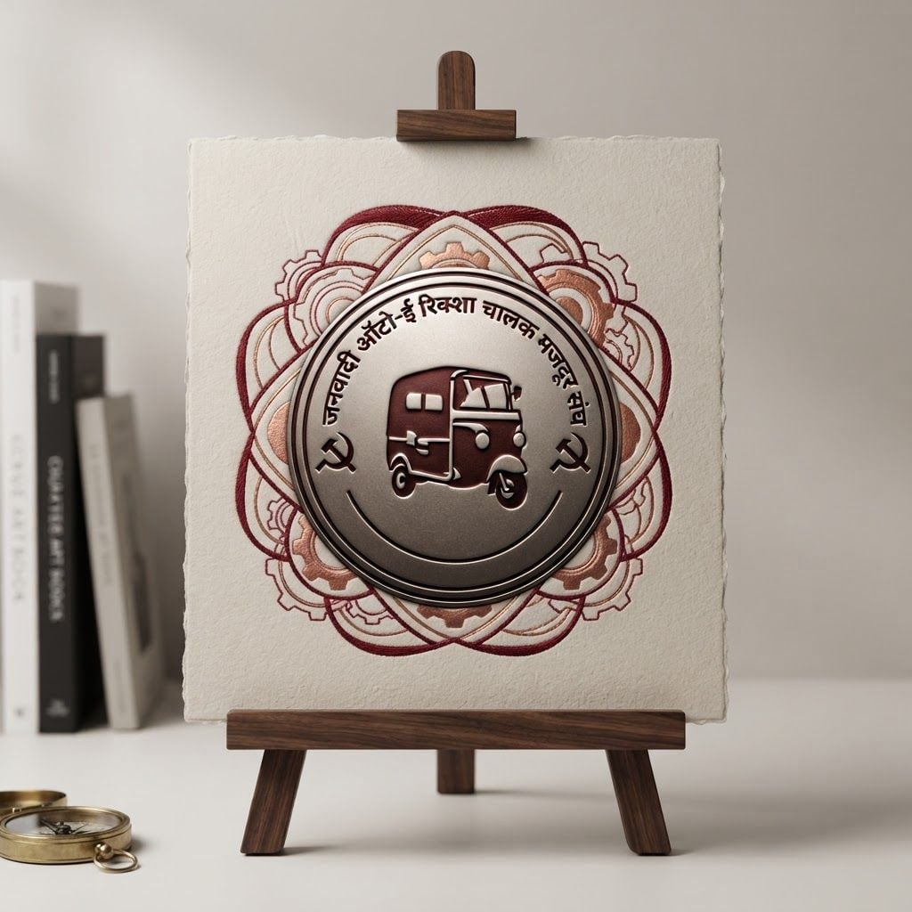 AI Design for Premium logo presentation mockup concept for A community-centered visual board showcasing the rickshaw icon surrounded by abstract graphic elements that symbolize unity and support for workers.. Logo or brand mark displayed on a clean neutral surface with subtle depth, refined shadow, precise alignment, elegant design-studio presentation, no extra readable text.

Incorporate the attached brand element reference image (Reference A: brand element "Janwadi Auto-E Rickshaw Union Logo") into the composition where natural — preserve the depicted brand element's appearance.
