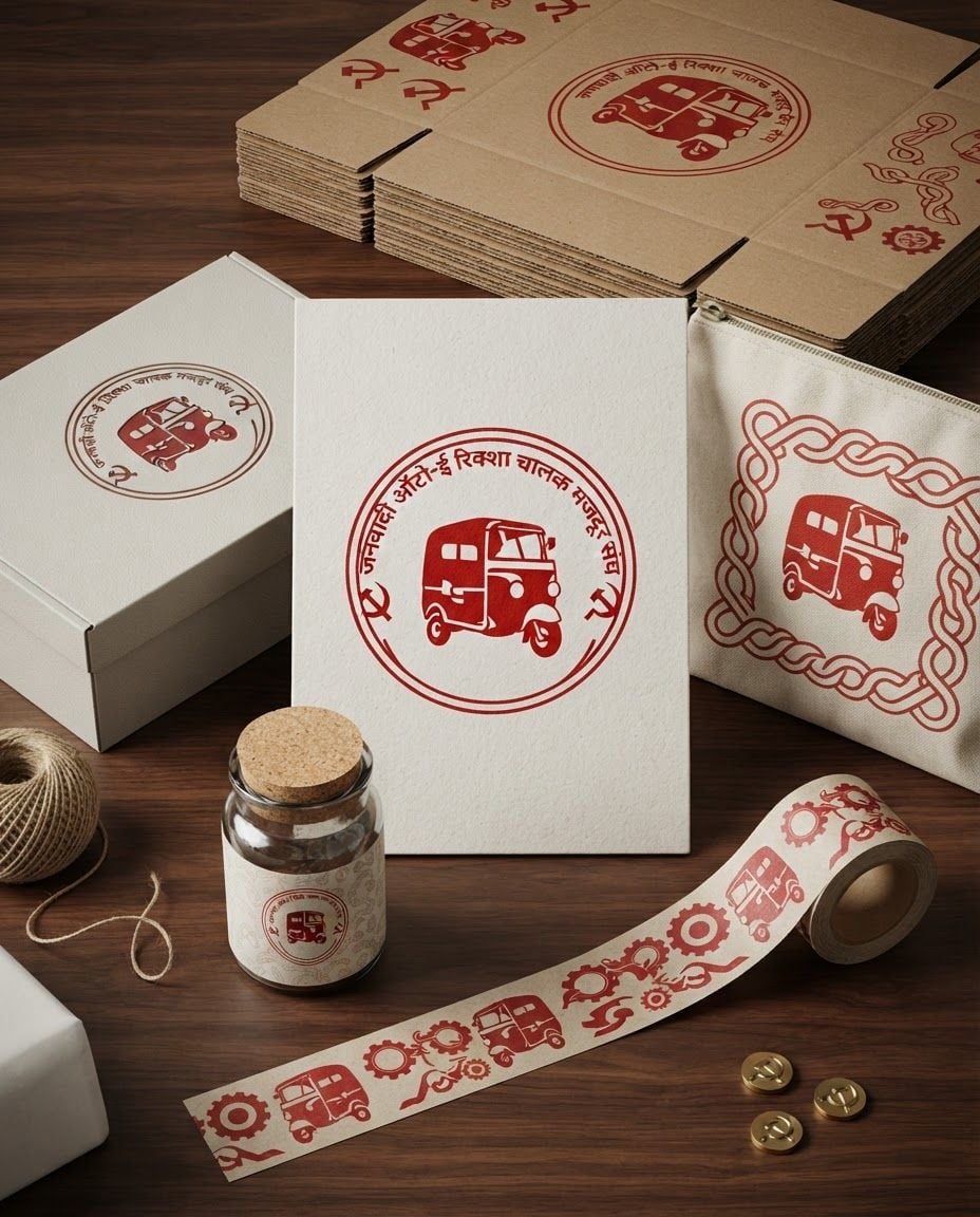 AI Design for Premium packaging mockup concept for A community-centered visual board showcasing the rickshaw icon surrounded by abstract graphic elements that symbolize unity and support for workers.. Brand identity applied to realistic boxes, pouches, labels, wraps, or bags as appropriate, polished tabletop scene, tactile materials, no invented readable copy.

Incorporate the attached brand element reference image (Reference A: brand element "Janwadi Auto-E Rickshaw Union Logo") into the composition where natural — preserve the depicted brand element's appearance.