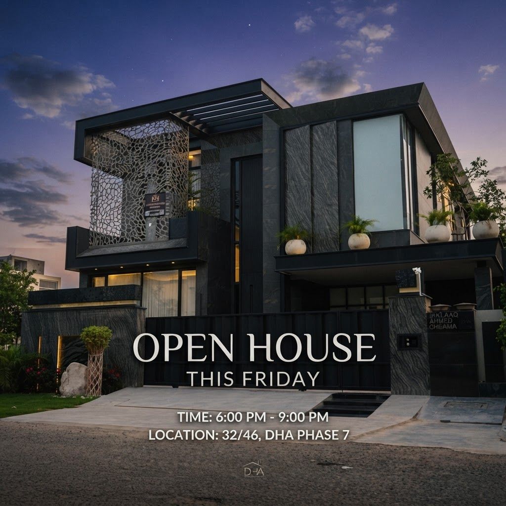 AI Design for make a post for instagram page in this post u write open house this friday time 6to9 and location 32/46 dha phase 7 in MODEREN text and add realistic sky and style like a cenametic post THE SIZE OF THE POST 1080X1080 PX
ant text