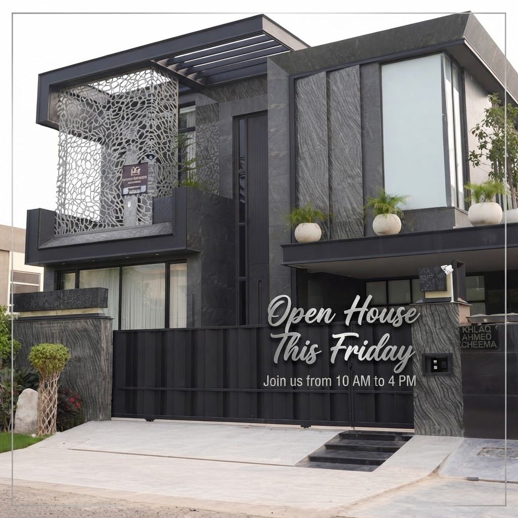 AI Design for make a post for insta gram page in this post u write open house this friday in elegant text and never change in house feachers