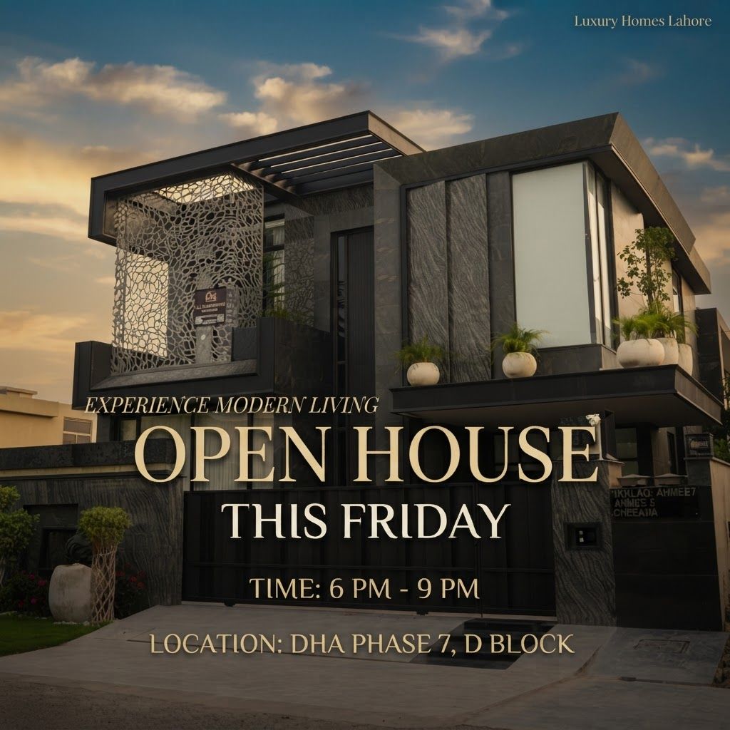 AI Design for make a post for insta gram page in this post u write open house this friday time 6to9 an d location dha phase 7 Dblock in elegant text and add realistic sky and style like a cenametic post