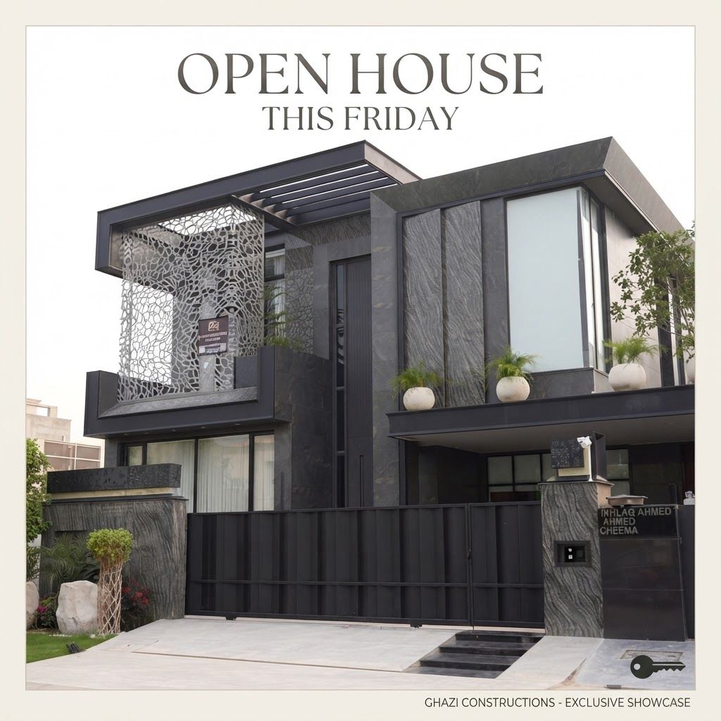 AI Design for make a post for insta gram page in this post u write open house this friday in elegant text and never change in house feachers