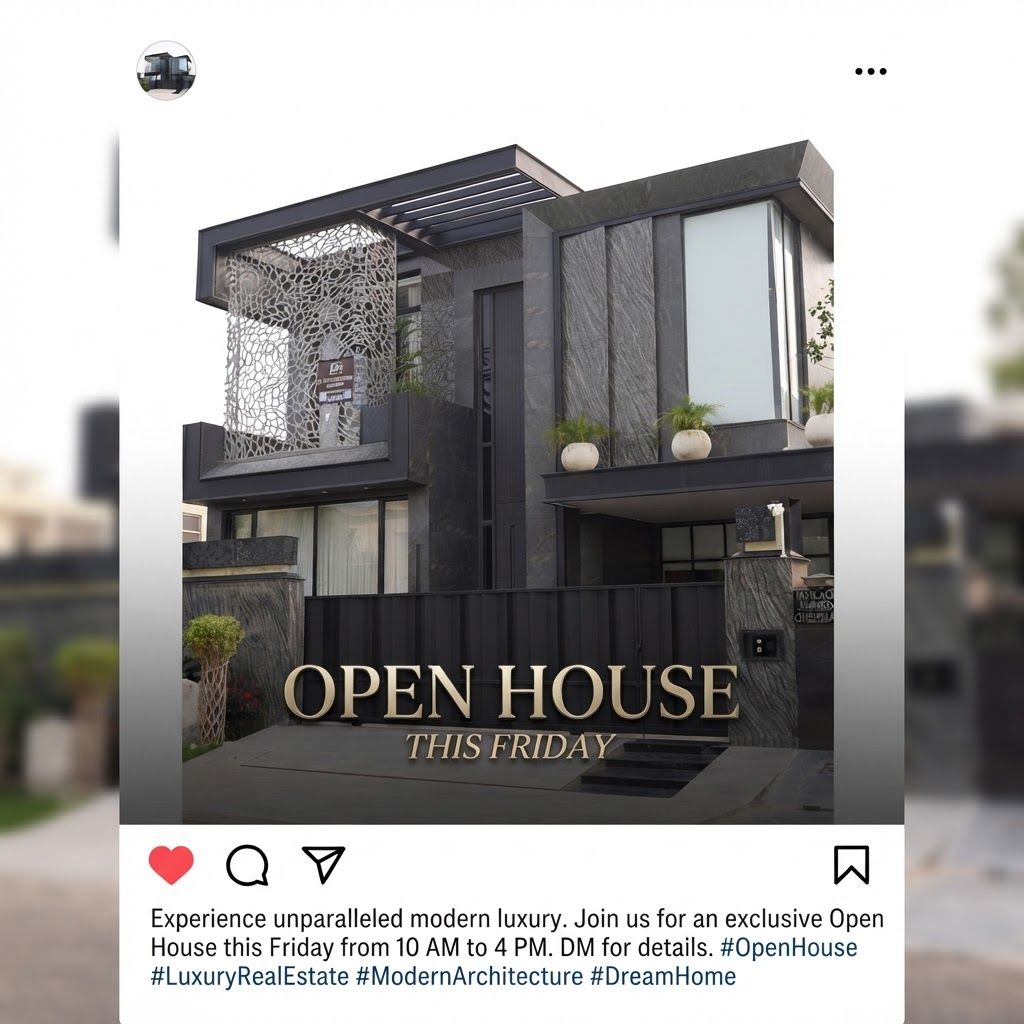 AI Design for make a post for insta gram page in this post u write open house this friday in elegant text