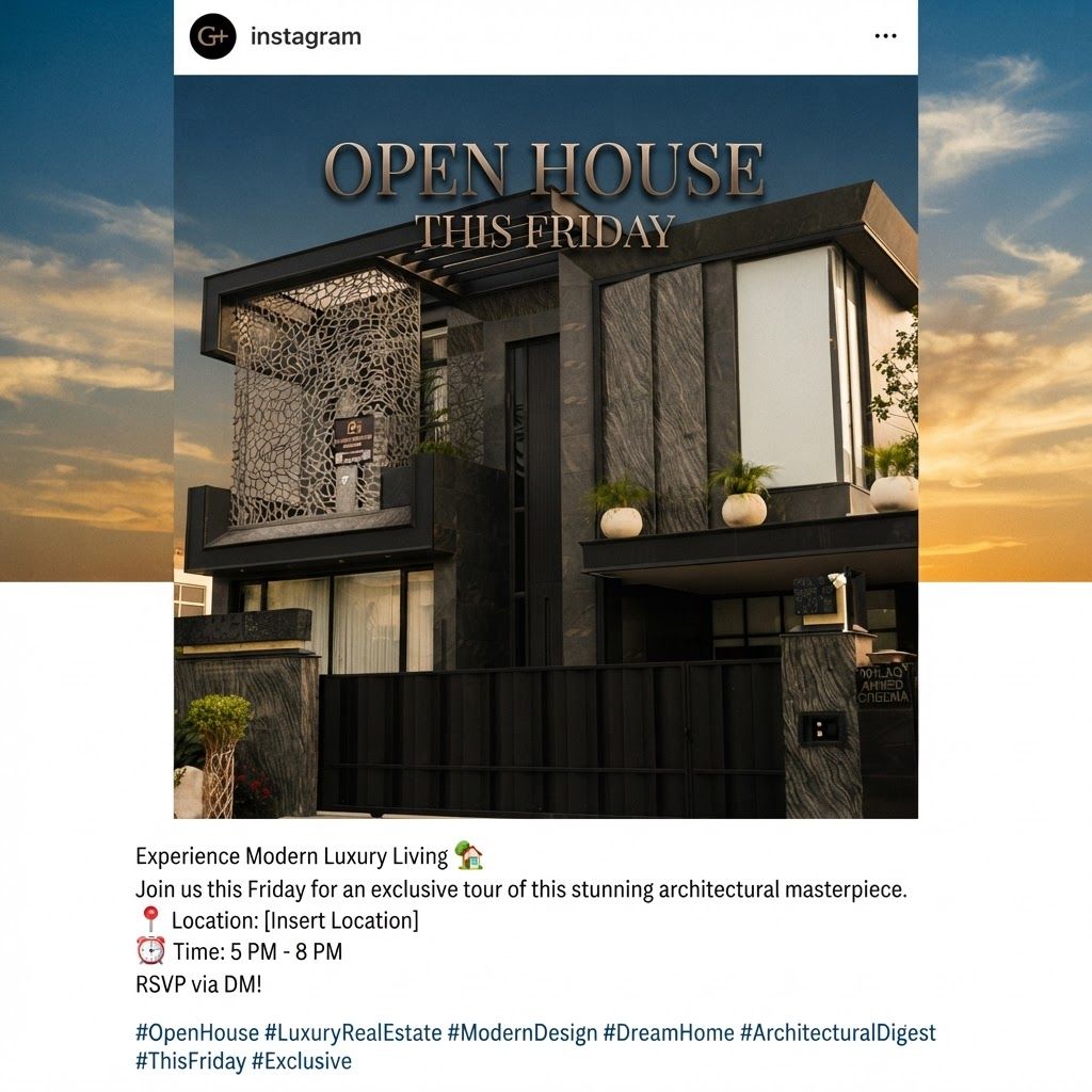 AI Design for make a post for insta gram page in this post u write open house this friday in elegant text and add realistic sky and style like a cenametic post