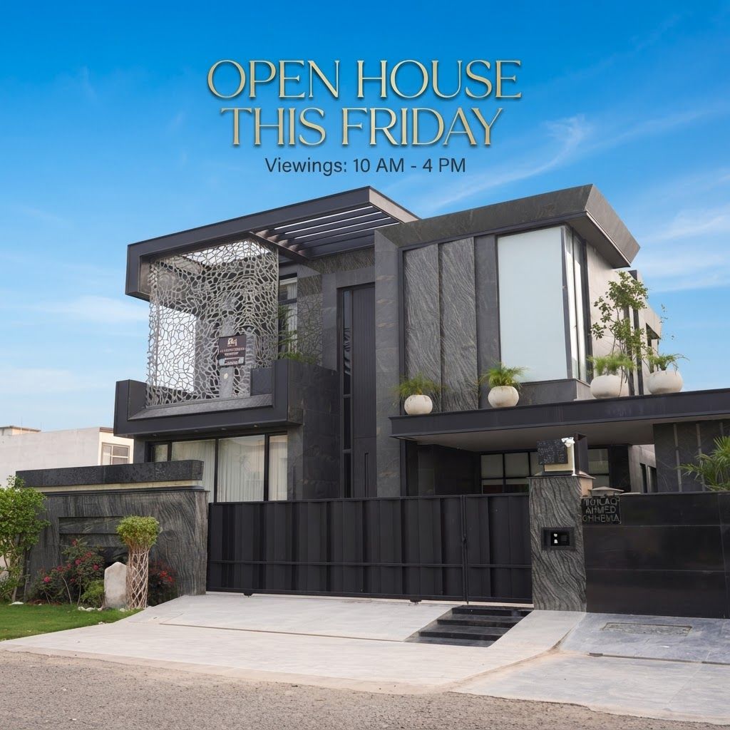 AI Design for make a post for insta gram page in this post u write open house this friday in elegant text and add realistic sky