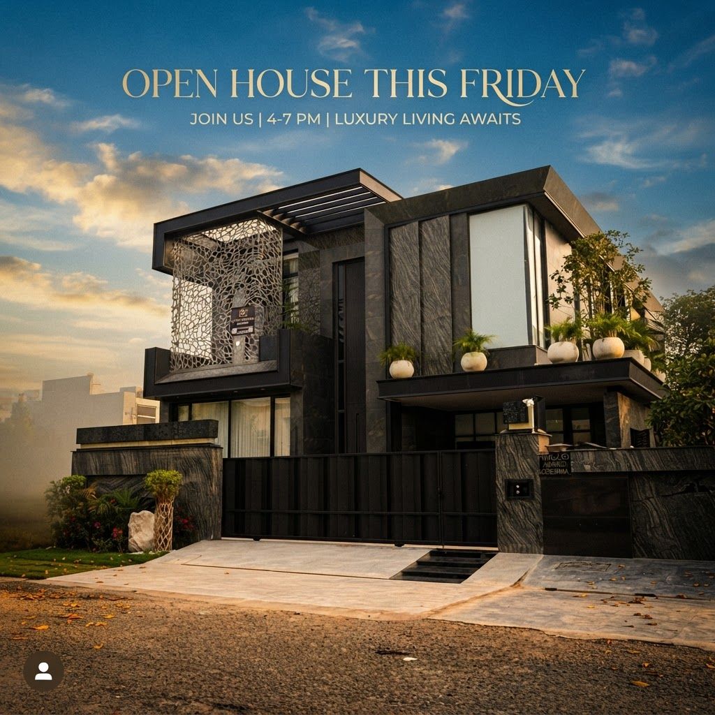 AI Design for make a post for insta gram page in this post u write open house this friday in elegant text and add realistic sky and style like a cenametic post