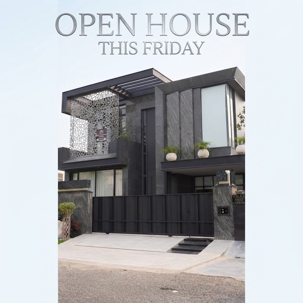 AI Design for make a post for insta gram page in this post u write open house this friday in elegant text and never change in house feachers