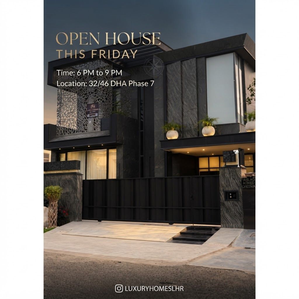 AI Design for make a post for insta gram page in this post u write open house this friday time 6to9 and location 32/46 dha phase 7 in elegant text and add realistic sky and style like a cenametic post