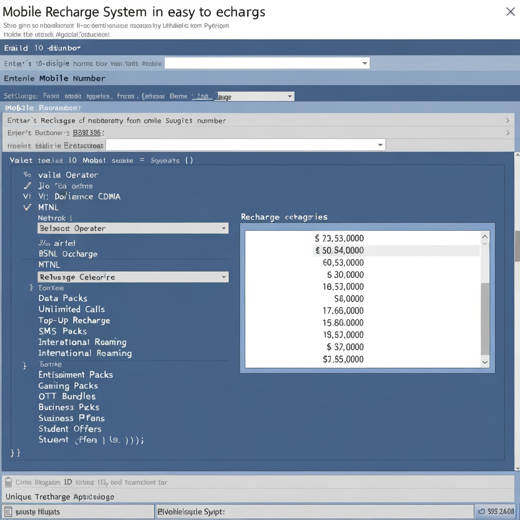 The Mobile Recharge System is a Python-based console application that simulates the process of recharging a mobile phone. In today's world, mobile phones have become an essential part of daily life. People use them for voice calls, internet access, online education, banking, shopping, social media, entertainment, and business communication. To continue using these services without interruption, users need to recharge their mobile numbers regularly. This project is designed to provide a simple and efficient way to perform a mobile recharge while helping students understand the practical use of Python programming.
The main aim of this project is to develop a menu-driven application that allows users to recharge their mobile numbers in an easy and organized manner. The user first enters a valid 10-digit mobile number. The program checks whether the entered number is valid. If the number is incorrect, the application displays an error message and stops the process. This validation ensures that only correct mobile numbers are accepted, improving the reliability and accuracy of the system.
After entering a valid mobile number, the user selects the telecom operator from the list of available networks. The application supports several popular telecom operators such as Jio, Airtel, Vi, BSNL, and MTNL. It also includes Tata Docomo and Reliance CDMA as demonstration networks for educational purposes. The selected network is stored by the system and is displayed later in the recharge receipt.
The application provides multiple recharge categories so that users can choose a plan according to their requirements. These categories include Data Packs, Unlimited Calls, Top-Up Recharge, SMS Packs, International Roaming, OTT Bundles, Entertainment Packs, Gaming Packs, Business Plans, and Student Offers. Each category contains different recharge plans with different prices and benefits. For example, users can choose data packs for internet usage, unlimited calling plans for voice communication, OTT bundles for streaming services, or student offers designed for educational needs.
Once the category is selected, the application displays all the available recharge plans under that category. The user selects one plan from the list, and the corresponding recharge amount is automatically identified by the system. After the plan selection, the recharge process begins. The application creates a unique transaction ID using Python's random module and records the current date and time using the datetime module. Finally, the application displays a detailed recharge receipt containing the mobile number, network name, recharge category, selected plan, recharge amount, transaction ID, date and time, and recharge status. This makes the application similar to a real mobile recharge system.
This project is developed using the Python programming language and demonstrates many important programming concepts. It uses variables to store user information, dictionaries to organize telecom operators, recharge categories, and plans, lists and tuples to store recharge details, loops to display menu options, and conditional statements to validate user input and control program execution. The application also uses Python's built-in random and datetime modules to generate transaction IDs and display the current date and time. These programming concepts help students understand how different Python features work together to build a complete application.
One of the major advantages of this project is its simplicity. Since it is a console-based application, it does not require a graphical user interface or an external database. The program is easy to understand, execute, and modify. Beginners can easily study the source code and learn how menu-driven applications are developed. The modular structure of the program also makes it easy to add new features without changing the entire code.
This project has many practical applications and can be further improved in the future. Additional features such as customer login, online payment gateway integration, recharge history, database connectivity using MySQL or SQLite, SMS and email notifications, QR code payments, digital wallet support, and graphical user interfaces using Tkinter or PyQt can be added. These enhancements would make the system more realistic and suitable for commercial use.
The Mobile Recharge System is an excellent educational project for students who are learning Python programming. It combines theoretical knowledge with practical implementation by solving a real-world problem. The project improves logical thinking, programming skills, input validation techniques, and problem-solving abilities. Overall, it provides a strong foundation for developing advanced telecom and online payment applications while helping students gain confidence in software development using Python.
create a logo