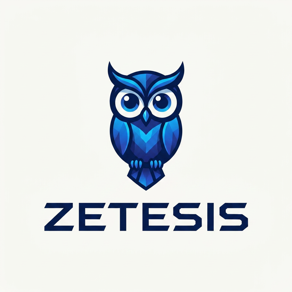 Premium brand identity for "ZETESIS". Cute intelligent blue owl icon centered above a custom luxury wordmark. Modern technology branding. Deep navy, royal blue, and electric blue color palette. Geometric vector design. Friendly yet professional. Symmetrical composition. Suitable for AI, fintech, analytics, education, and strategy platforms. Billion-dollar startup aesthetic. SVG vector logo system.