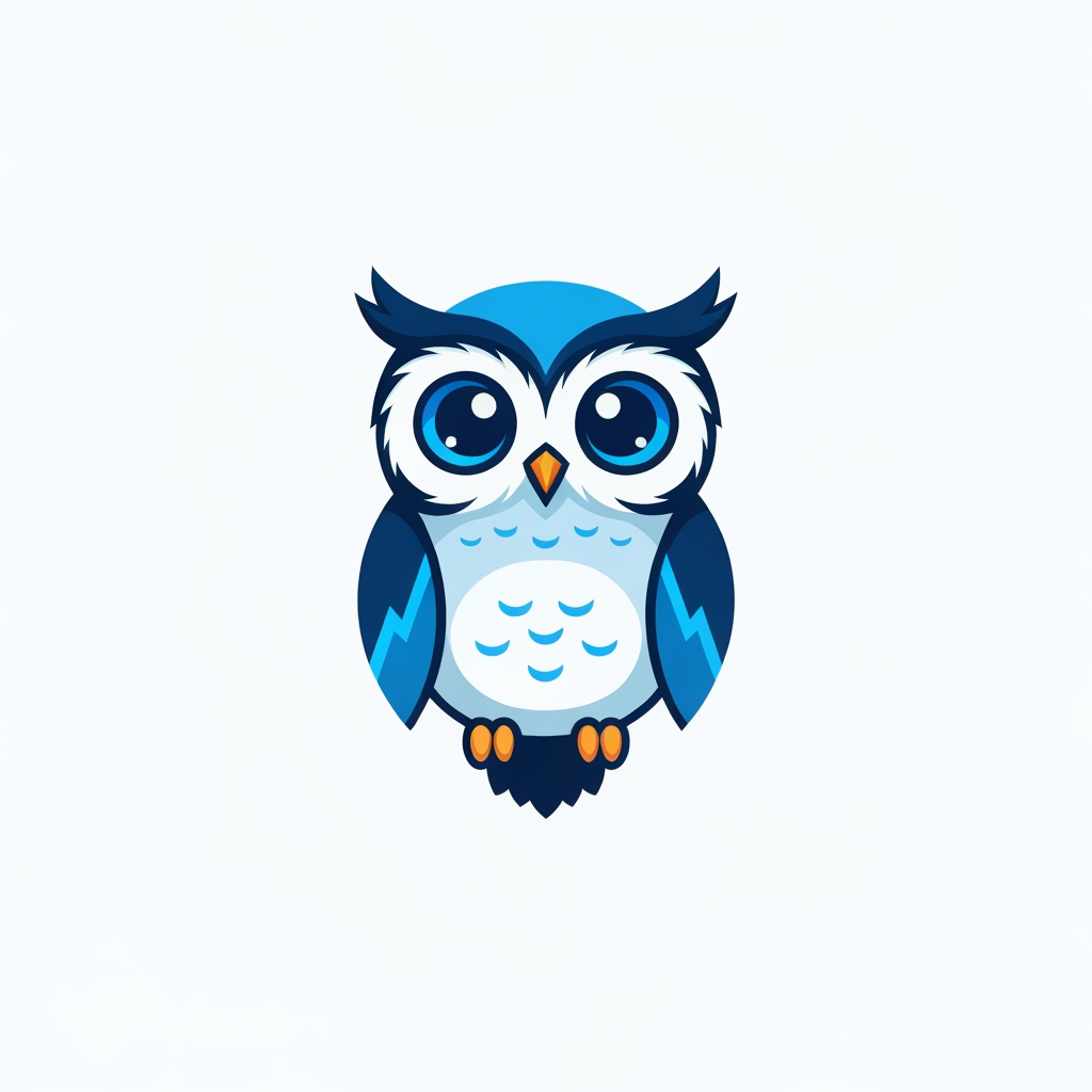 Create a modern, adorable owl logo for a professional technology and strategy company.

Design Style:
- Ultra cute but premium
- Friendly and intelligent appearance
- Big expressive eyes
- Soft rounded shapes
- Clean geometric design
- Modern vector illustration
- Minimalist and elegant
- Symmetrical composition
- Professional startup branding

Color Palette:
- Multiple shades of blue
- Deep navy blue
- Royal blue
- Electric blue accents
- Soft sky blue highlights
- Clean white negative space

Owl Features:
- Cute intelligent face
- Slight smile expression
- Large glowing eyes
- Small compact body
- Soft feather details
- Wise and trustworthy personality
- Looks innovative and friendly

Brand Feel:
- Professional
- Trustworthy
- Intelligent
- Modern AI company
- Fintech startup quality
- Premium digital brand
- Memorable and iconic

Technical Requirements:
- Pure vector logo
- SVG-ready
- Flat design
- No gradients
- No shadows
- No 3D effects
- Scalable for app icon, website, social media, and print
- Clean sharp edges
- High-end brand identity quality

Avoid:
- Cartoon mascot style
- Aggressive owl
- Realistic owl
- Complex feathers
- Gaming logo style
- Clipart appearance

Create a unique, lovable, premium owl that instantly feels intelligent, trustworthy, and professional while remaining cute and memorable.  make the cute owl and the cartoon types so give it Professional way