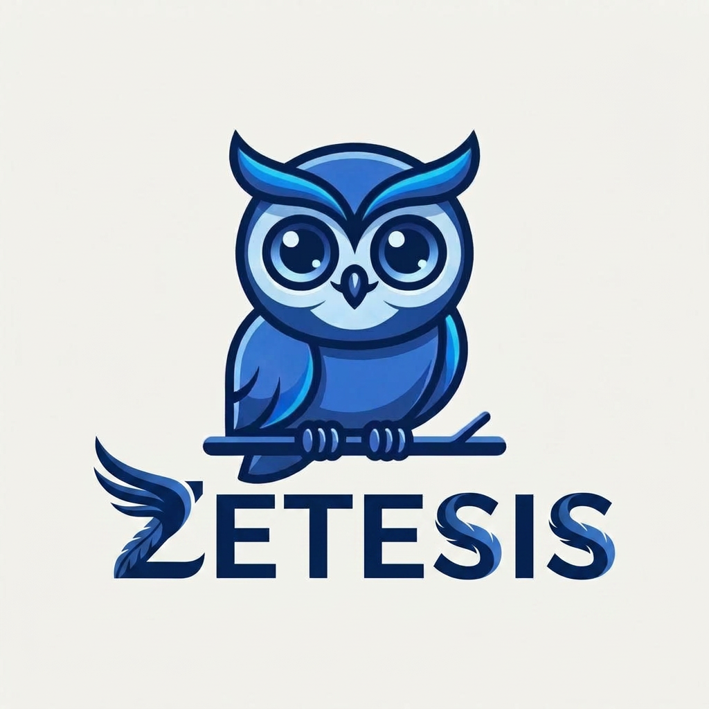 now add the company name at down side " zetesis" according to the Website logo. Create a luxury technology wordmark for "ZETESIS".Design a custom wordmark for "ZETESIS" where subtle owl-inspired elements are integrated into the typography.

The letters should remain highly readable while incorporating intelligent design details. The two S letters should contain soft feather-like curves. The Z should become the signature element of the brand. Premium blue color palette. Minimalist, iconic, memorable, suitable for AI, strategy, and technology industries. Vector logo quality.
