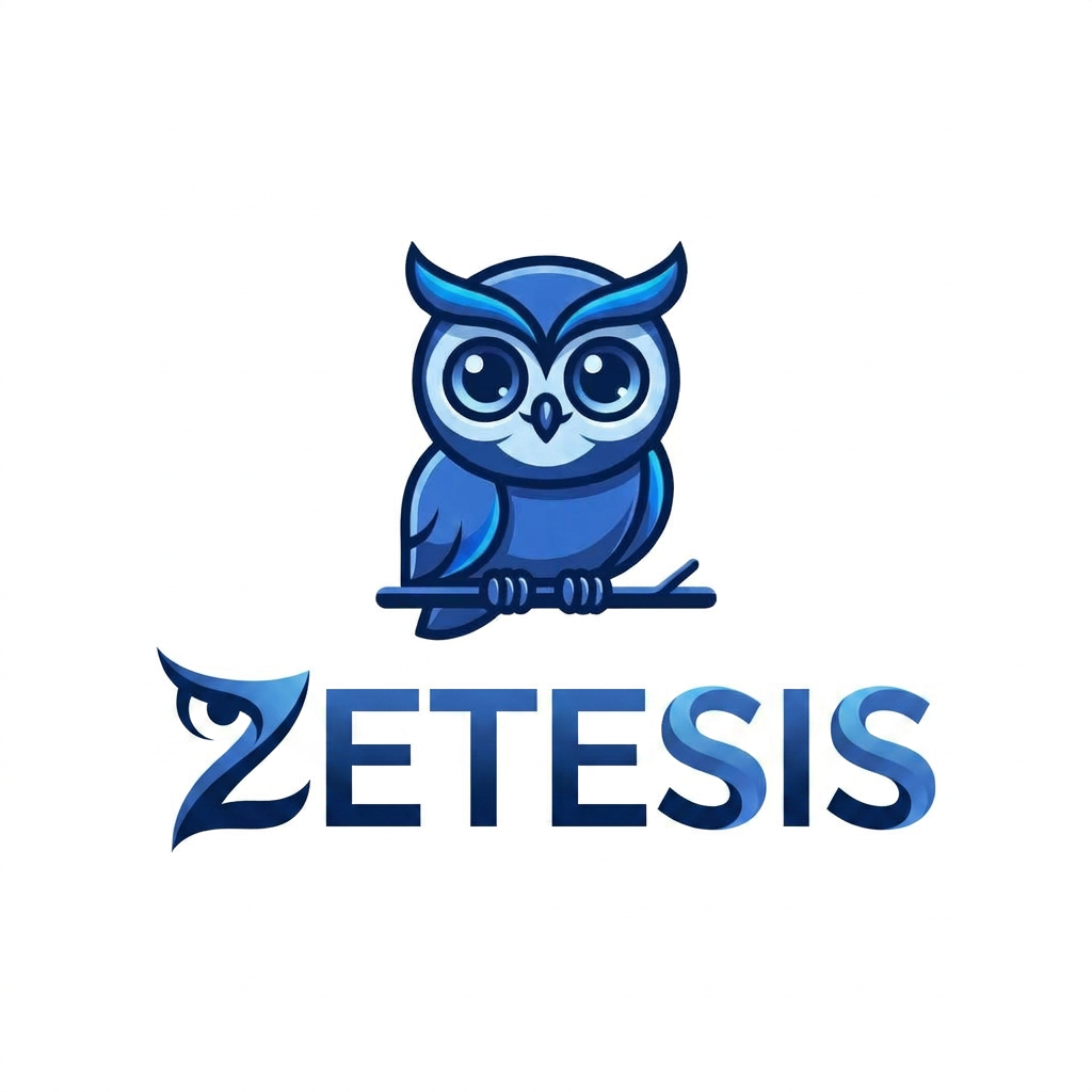 now add the company name at down side " zetesis" according to the Website logo. Create a luxury technology wordmark for "ZETESIS".Design a custom wordmark for "ZETESIS" where subtle owl-inspired elements are integrated into the typography.

The letters should remain highly readable while incorporating intelligent design details. The two S letters should contain soft feather-like curves. The Z should become the signature element of the brand. Premium blue color palette. Minimalist, iconic, memorable, suitable for AI, strategy, and technology industries. Vector logo quality.