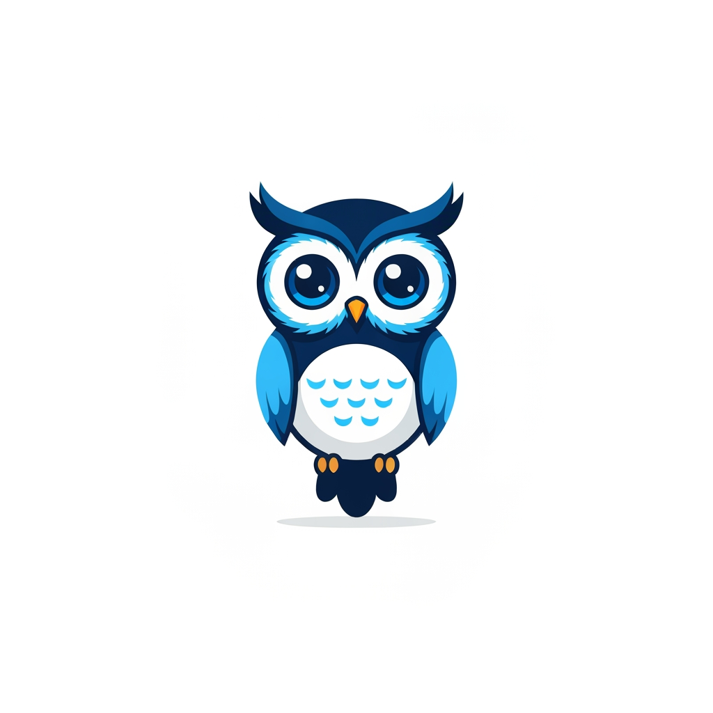 Create a modern, adorable owl logo for a professional technology and strategy company.

Design Style:
- Ultra cute but premium
- Friendly and intelligent appearance
- Big expressive eyes
- Soft rounded shapes
- Clean geometric design
- Modern vector illustration
- Minimalist and elegant
- Symmetrical composition
- Professional startup branding

Color Palette:
- Multiple shades of blue
- Deep navy blue
- Royal blue
- Electric blue accents
- Soft sky blue highlights
- Clean white negative space

Owl Features:
- Cute intelligent face
- Slight smile expression
- Large glowing eyes
- Small compact body
- Soft feather details
- Wise and trustworthy personality
- Looks innovative and friendly

Brand Feel:
- Professional
- Trustworthy
- Intelligent
- Modern AI company
- Fintech startup quality
- Premium digital brand
- Memorable and iconic

Technical Requirements:
- Pure vector logo
- SVG-ready
- Flat design
- No gradients
- No shadows
- No 3D effects
- Scalable for app icon, website, social media, and print
- Clean sharp edges
- High-end brand identity quality

Avoid:
- Cartoon mascot style
- Aggressive owl
- Realistic owl
- Complex feathers
- Gaming logo style
- Clipart appearance

Create a unique, lovable, premium owl that instantly feels intelligent, trustworthy, and professional while remaining cute and memorable.  make the cute owl and the cartoon types so give it Professional way