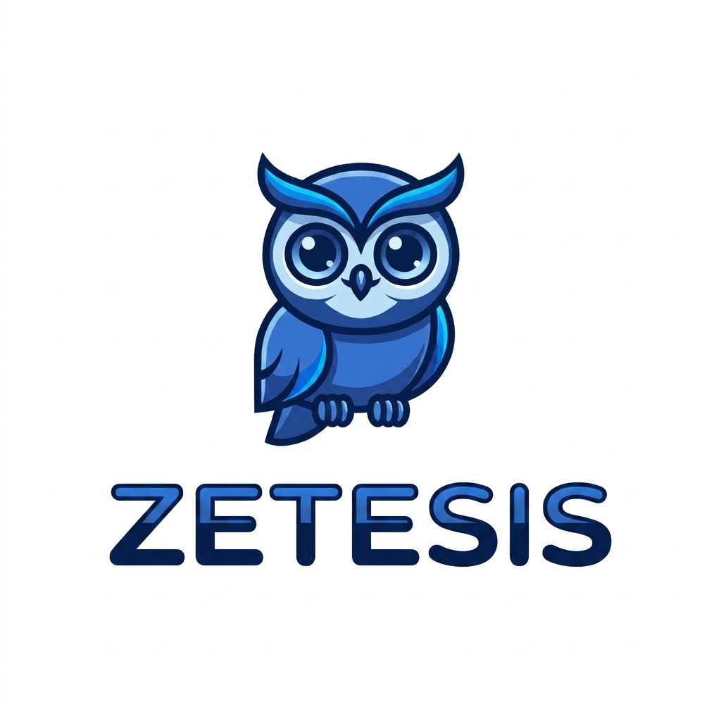 now add the company name at down side " zetesis" according to the Website logo. Create a premium custom wordmark for the brand name "ZETESIS".

Typography Style:
- Modern luxury technology branding
- Custom geometric sans-serif
- Intelligent and sophisticated
- Clean, balanced, and memorable
- Premium startup identity
- Inspired by the pursuit of knowledge and wisdom

Wordmark:
- ZETESIS in uppercase letters
- Strong, confident appearance
- Custom letter spacing
- Unique modifications to the letters Z and S
- Smooth rounded edges that complement a cute owl logo
- Elegant and futuristic without looking overly sci-fi

Visual Feel:
- Wisdom
- Intelligence
- Curiosity
- Precision
- Innovation
- Trustworthiness
- Premium technology company

Color Palette:
- Deep navy blue
- Royal blue
- Electric blue highlights
- Clean white negative space

Layout:
- Owl logo centered above
- ZETESIS centered below the owl
- Perfect spacing between icon and text
- Professional brand identity composition

Design References:
- OpenAI
- Stripe
- Notion
- Linear
- Figma

Special Details:
- The letter "Z" should feel distinctive and iconic
- The letter "S" should have subtle elegant curves
- Create a timeless logo suitable for AI, fintech, strategy, analytics, and technology industries
- The wordmark should look like a billion-dollar global technology brand

Avoid:
- Script fonts
- Handwritten styles
- Excessive futuristic effects
- Sharp aggressive shapes
- Gaming aesthetics
- Generic stock typography

Output as a clean vector SVG-style wordmark with professional branding quality..