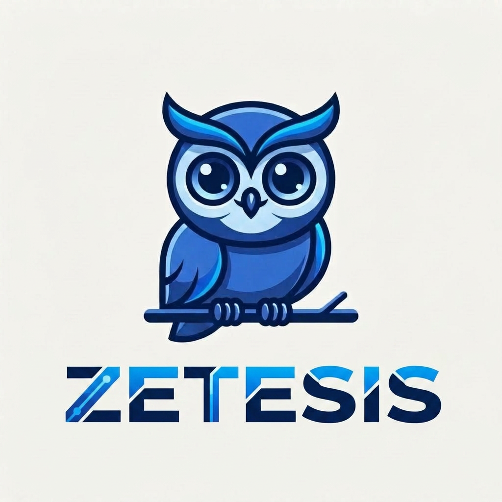 now add the company name at down side " zetesis" according to the Website logo. Create a luxury technology wordmark for "ZETESIS".

Create a futuristic custom wordmark for "ZETESIS".

Sharp geometric letterforms, intelligent AI branding, clean cuts and negative space. High-end fintech and analytics company aesthetic. Deep blue and electric blue color scheme. Premium futuristic typography that feels innovative and data-driven without looking like a gaming logo. Professional vector design.