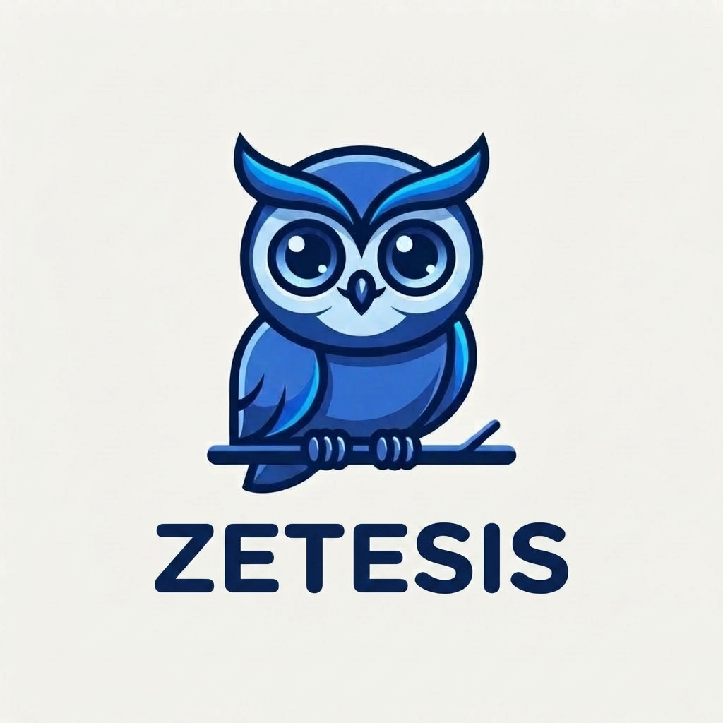 now add the company name at down side " zetesis" according to the Website logo. Create a luxury technology wordmark for "ZETESIS".

Create a friendly yet professional wordmark for "ZETESIS".

Rounded modern typography, soft curves, balanced spacing, approachable but premium. Inspired by Duolingo friendliness and Apple's simplicity. Deep blue color palette. Modern startup identity. The typography should perfectly complement a cute blue owl logo while maintaining corporate professionalism. Clean vector SVG style.