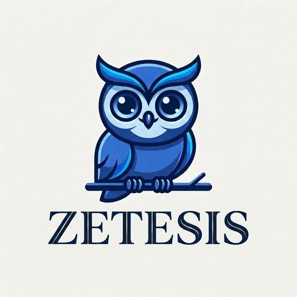 now add the company name at down side " zetesis" according to the Website logo. Create a luxury technology wordmark for "ZETESIS".

Create a sophisticated wordmark for "ZETESIS" inspired by ancient Greek philosophy and the pursuit of knowledge.

Elegant serif and sans-serif hybrid typography. Intelligent, timeless, scholarly, and premium. Clean geometric proportions. Modern interpretation of classical wisdom. Deep navy blue with subtle gold accents. Suitable for an owl logo representing wisdom and discovery. Vector logo quality.