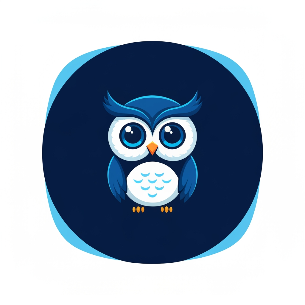 Create a modern, adorable owl logo for a professional technology and strategy company.

Design Style:
- Ultra cute but premium
- Friendly and intelligent appearance
- Big expressive eyes
- Soft rounded shapes
- Clean geometric design
- Modern vector illustration
- Minimalist and elegant
- Symmetrical composition
- Professional startup branding

Color Palette:
- Multiple shades of blue
- Deep navy blue
- Royal blue
- Electric blue accents
- Soft sky blue highlights
- Clean white negative space

Owl Features:
- Cute intelligent face
- Slight smile expression
- Large glowing eyes
- Small compact body
- Soft feather details
- Wise and trustworthy personality
- Looks innovative and friendly

Brand Feel:
- Professional
- Trustworthy
- Intelligent
- Modern AI company
- Fintech startup quality
- Premium digital brand
- Memorable and iconic

Technical Requirements:
- Pure vector logo
- SVG-ready
- Flat design
- No gradients
- No shadows
- No 3D effects
- Scalable for app icon, website, social media, and print
- Clean sharp edges
- High-end brand identity quality

Avoid:
- Cartoon mascot style
- Aggressive owl
- Realistic owl
- Complex feathers
- Gaming logo style
- Clipart appearance

Create a unique, lovable, premium owl that instantly feels intelligent, trustworthy, and professional while remaining cute and memorable.  make the cute owl and the cartoon types so give it Professional way