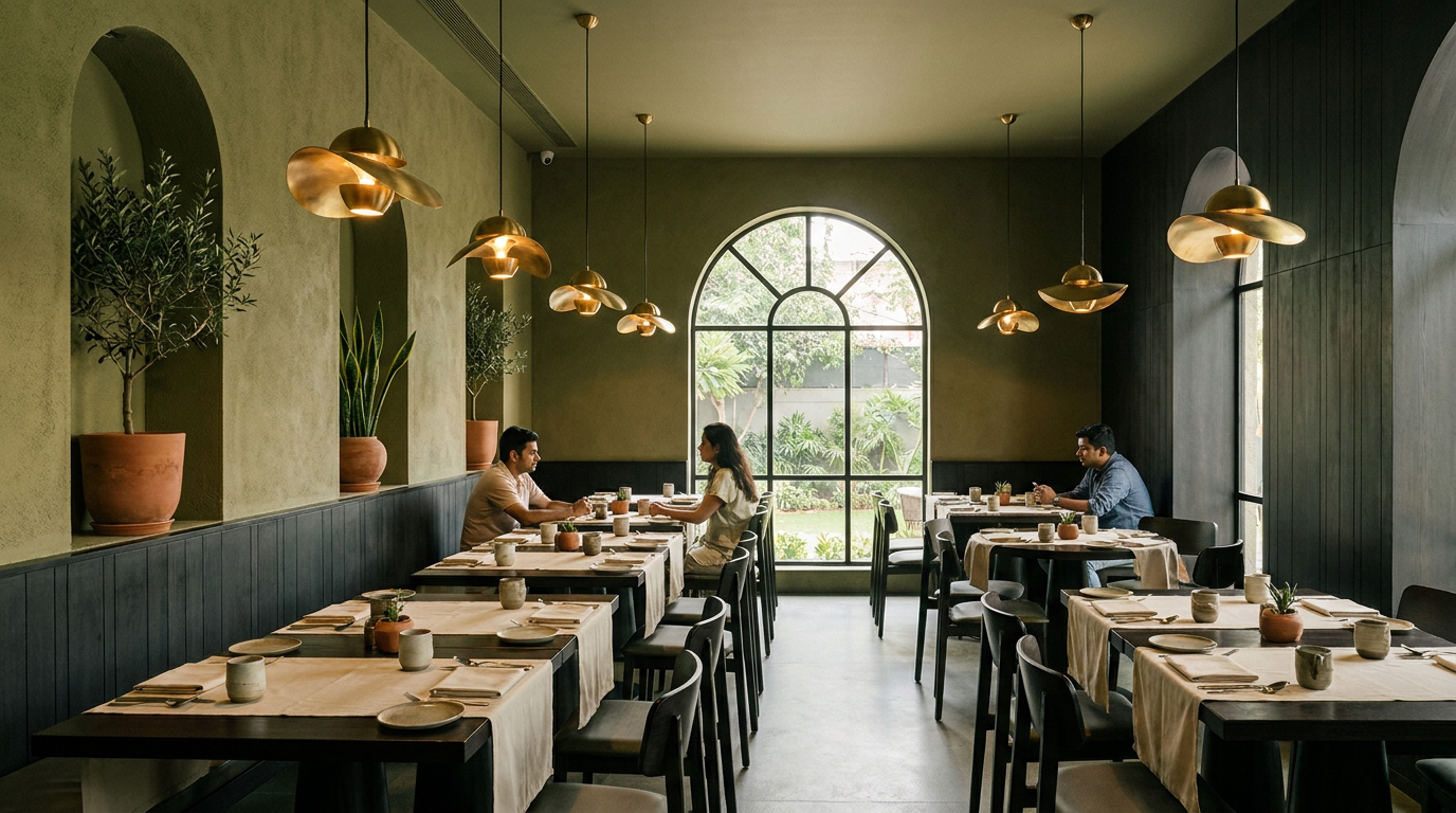 A sophisticated architectural interior shot of a modern minimalist restaurant in South Delhi, featuring a refined olive green and charcoal color palette. Warm, ambient pendant lighting casts a soft glow over sleek wooden tables dressed with crisp cream linen, while elegant arch-shaped wall niches and strategically placed potted plants add organic texture. The composition captures a serene, casual-premium atmosphere with clean lines and balanced, professional-grade lighting.