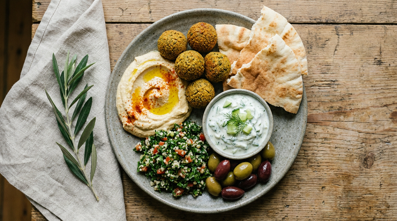 Top-down lifestyle shot of a Mediterranean plate — hummus, falafel, warm pita, tabbouleh, tzatziki, olives, on a stone-grey ceramic plate, natural light, linen napkin beside plate, editorial food styling, muted earthy tones