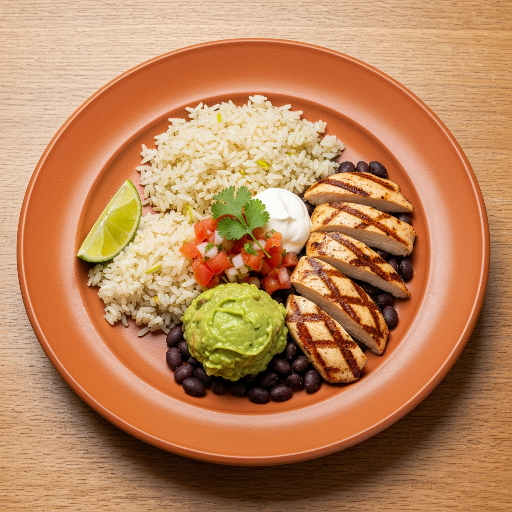 Top-down shot of a Mexican loaded plate — cilantro lime rice, black beans, grilled chicken, fresh salsa, guacamole, sour cream drizzle, on a matte terracotta ceramic plate, warm natural light, rustic wooden table, garnished with lime wedge and coriander, high-end restaurant food photography