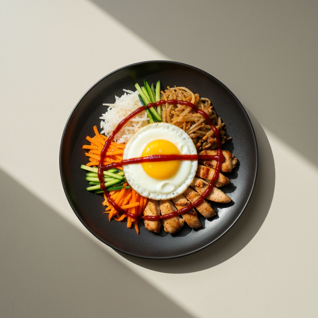 High-end studio product photograph concept for Top-down food photography of a Korean bibimbap plate — steamed rice, sautéed julienned vegetables, marinated grilled chicken, fried egg with runny yolk, red gochujang sauce drizzle, served on a matte charcoal ceramic plate, natural window lighting, minimalist wooden table background, shallow depth of field, editorial restaurant menu style. Product centered as the clear hero, clean neutral background, controlled softbox lighting, realistic contact shadow, crisp edges, accurate material texture, no readable text added.