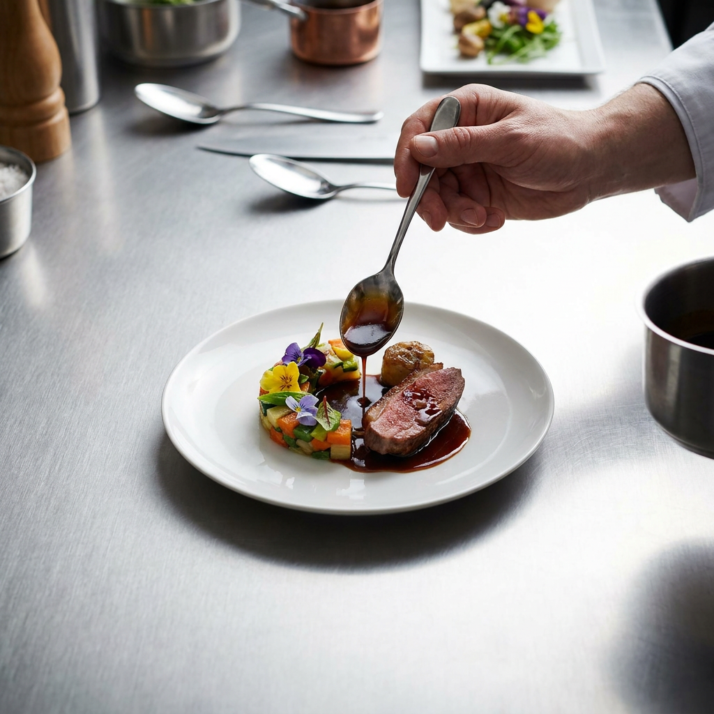 A high-angle, overhead action shot of a professional chef's hands meticulously garnishing a gourmet dish with a precise, elegant sauce drizzle from a polished silver spoon. The scene is set on a pristine, brushed stainless steel countertop in a professional restaurant kitchen, illuminated by soft, focused culinary lighting that highlights textures and glossy sauce details. The composition is clean and minimalist, capturing the artistry of haute cuisine with a sharp, professional depth of field.