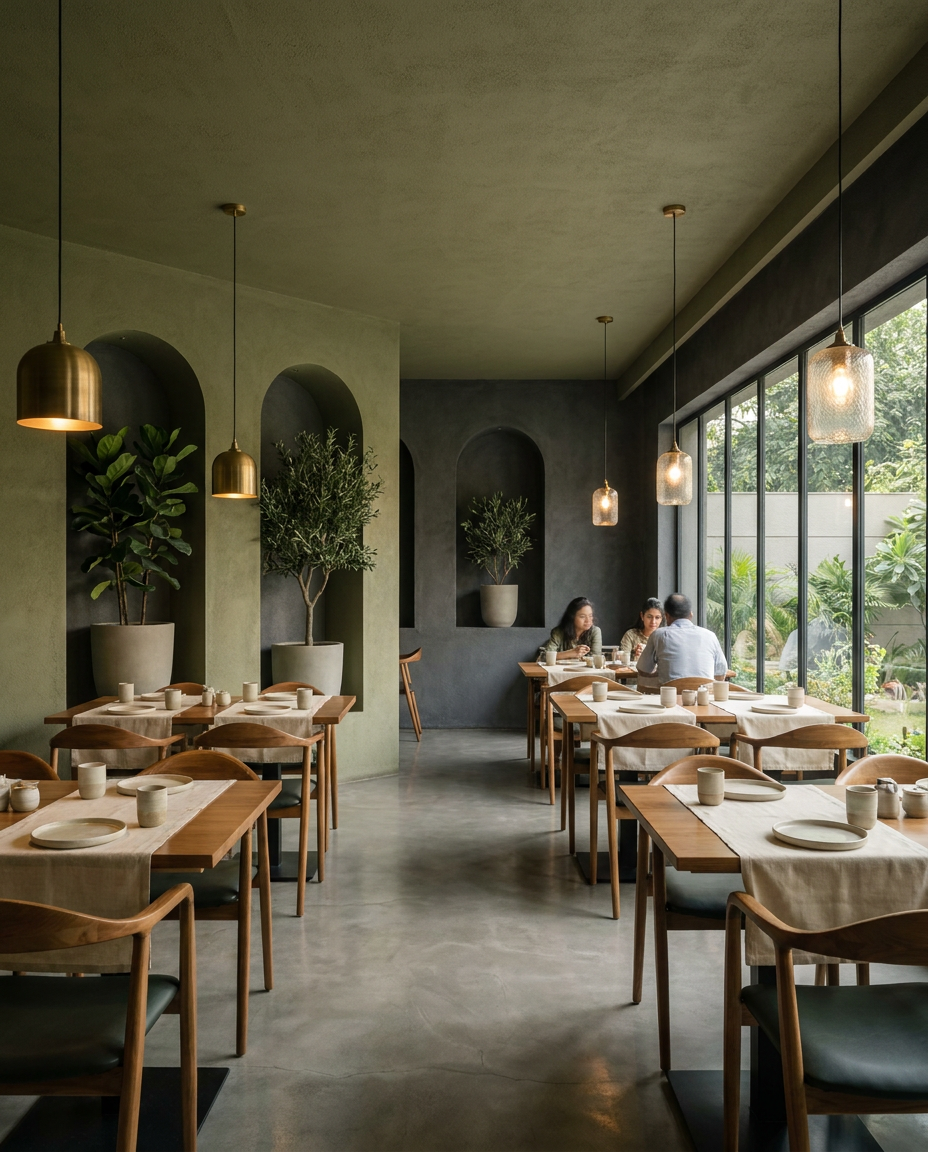 A sophisticated architectural interior shot of a modern minimalist restaurant in South Delhi, featuring a refined olive green and charcoal color palette. Warm, ambient pendant lighting casts a soft glow over sleek wooden tables dressed with crisp cream linen, while elegant arch-shaped wall niches and strategically placed potted plants add organic texture. The composition captures a serene, casual-premium atmosphere with clean lines and balanced, professional-grade lighting.