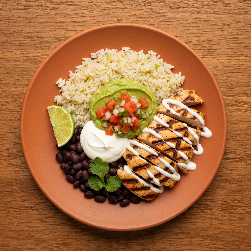 Top-down shot of a Mexican loaded plate — cilantro lime rice, black beans, grilled chicken, fresh salsa, guacamole, sour cream drizzle, on a matte terracotta ceramic plate, warm natural light, rustic wooden table, garnished with lime wedge and coriander, high-end restaurant food photography
