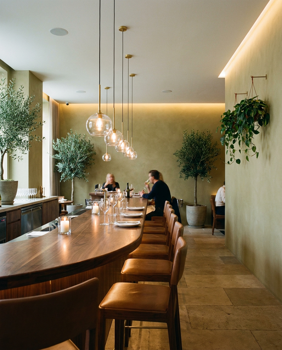 A sophisticated architectural interior shot of a minimalist restaurant bar, featuring a sleek polished wooden counter and elegant hanging pendant lights. The space is defined by soft olive-toned walls, carefully placed greenery for a touch of nature, and warm, inviting ambient lighting that creates a premium casual atmosphere. The composition is captured with a wide-angle lens, emphasizing clean lines, rich textures, and a serene, upscale dining aesthetic.