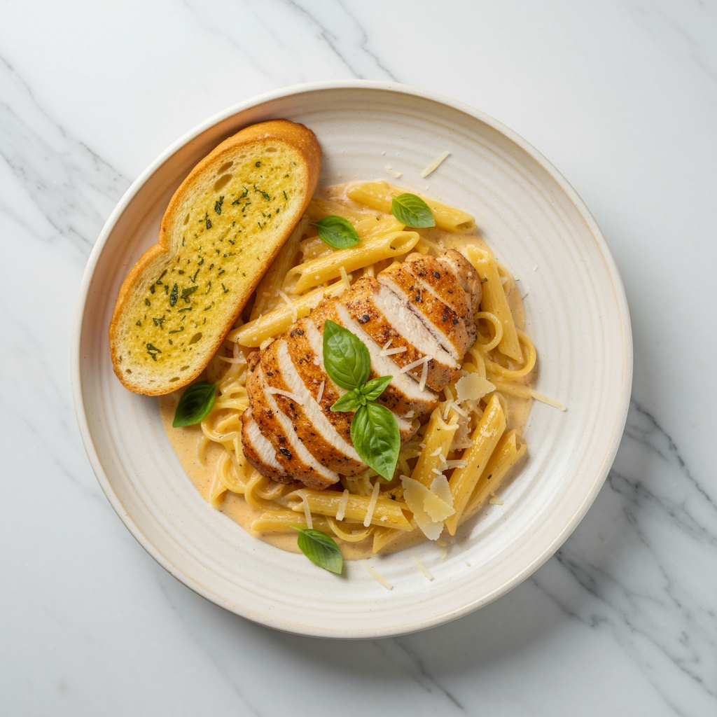 Overhead photo of a creamy Italian pasta plate with grilled chicken, garlic bread on the side, fresh basil garnish, parmesan shavings, on a cream ceramic plate, soft daylight, minimal marble table background, premium bistro food photography style