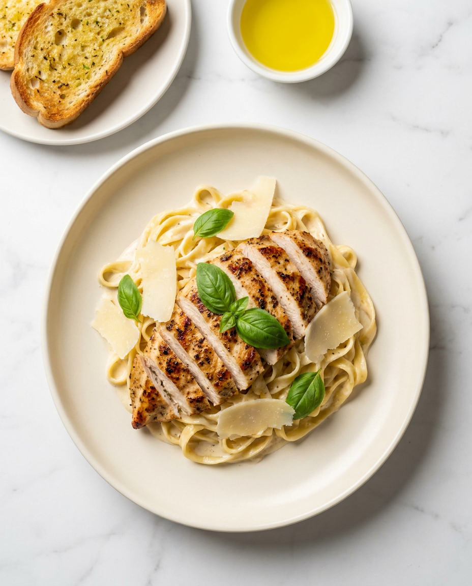 A high-end, top-down culinary shot of creamy Italian pasta topped with perfectly seared grilled chicken, finished with fresh basil leaves and delicate parmesan shavings. The dish is presented on a minimalist cream ceramic plate, accompanied by a side of toasted garlic bread, set against a clean white marble tabletop. Captured in soft, natural daylight with a shallow depth of field, emphasizing the rich textures and premium bistro atmosphere.