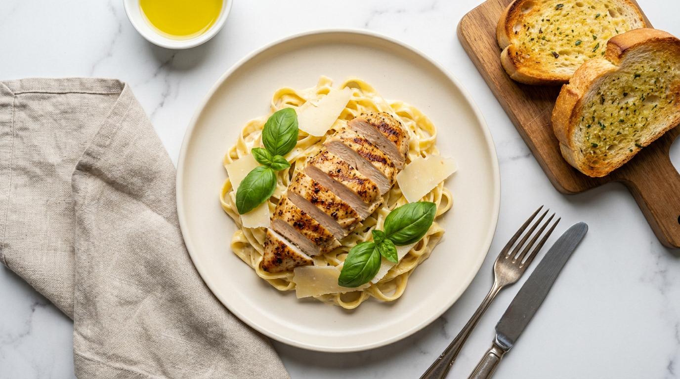 A high-end, top-down culinary shot of creamy Italian pasta topped with perfectly seared grilled chicken, finished with fresh basil leaves and delicate parmesan shavings. The dish is presented on a minimalist cream ceramic plate, accompanied by a side of toasted garlic bread, set against a clean white marble tabletop. Captured in soft, natural daylight with a shallow depth of field, emphasizing the rich textures and premium bistro atmosphere.