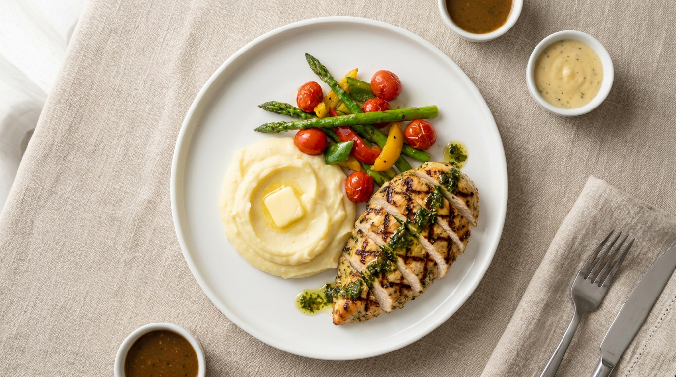 AI Design for A high-angle, top-down professional food photography shot of a gourmet continental grill plate featuring a perfectly seared grilled chicken breast, a mound of velvety creamy mashed potatoes, and vibrant sautéed seasonal vegetables. A delicate herb sauce is drizzled elegantly over the chicken, presented on a sleek white minimalist ceramic plate against a textured neutral linen backdrop with soft, diffused natural daylight that creates gentle shadows and highlights the appetizing textures.