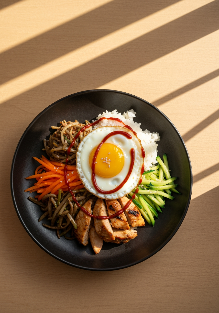 Lifestyle product photograph concept for Top-down food photography of a Korean bibimbap plate — steamed rice, sautéed julienned vegetables, marinated grilled chicken, fried egg with runny yolk, red gochujang sauce drizzle, served on a matte charcoal ceramic plate, natural window lighting, minimalist wooden table background, shallow depth of field, editorial restaurant menu style in a believable real-world setting. Human-scale context, warm natural light, editorial composition, shallow depth of field, product clearly visible and undistorted.
