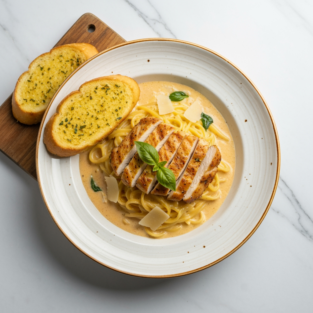 Overhead photo of a creamy Italian pasta plate with grilled chicken, garlic bread on the side, fresh basil garnish, parmesan shavings, on a cream ceramic plate, soft daylight, minimal marble table background, premium bistro food photography style