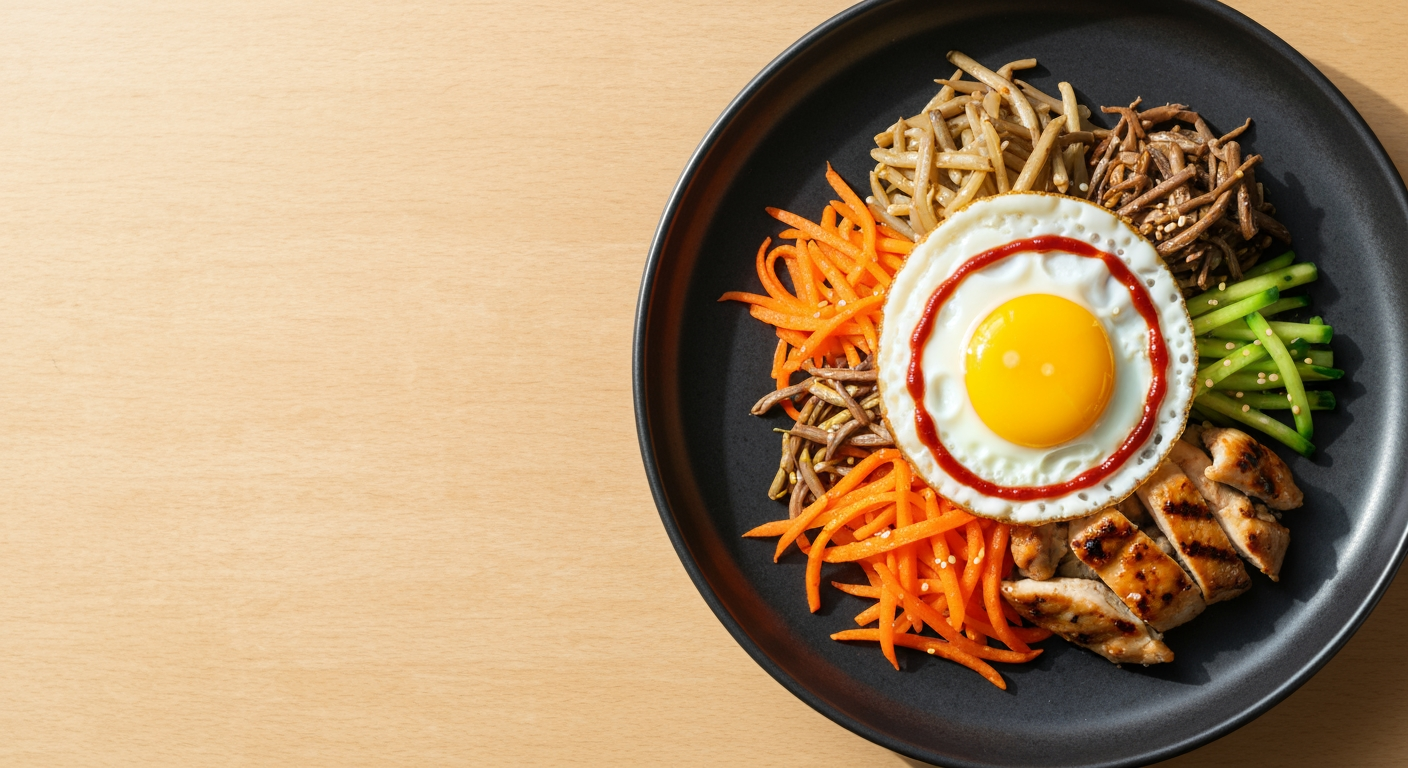 Wide campaign hero photograph concept for Top-down food photography of a Korean bibimbap plate — steamed rice, sautéed julienned vegetables, marinated grilled chicken, fried egg with runny yolk, red gochujang sauce drizzle, served on a matte charcoal ceramic plate, natural window lighting, minimalist wooden table background, shallow depth of field, editorial restaurant menu style. Premium advertising composition with a clear focal product, cinematic lighting, clean negative space on one side for copy to be added later, no rendered words.
