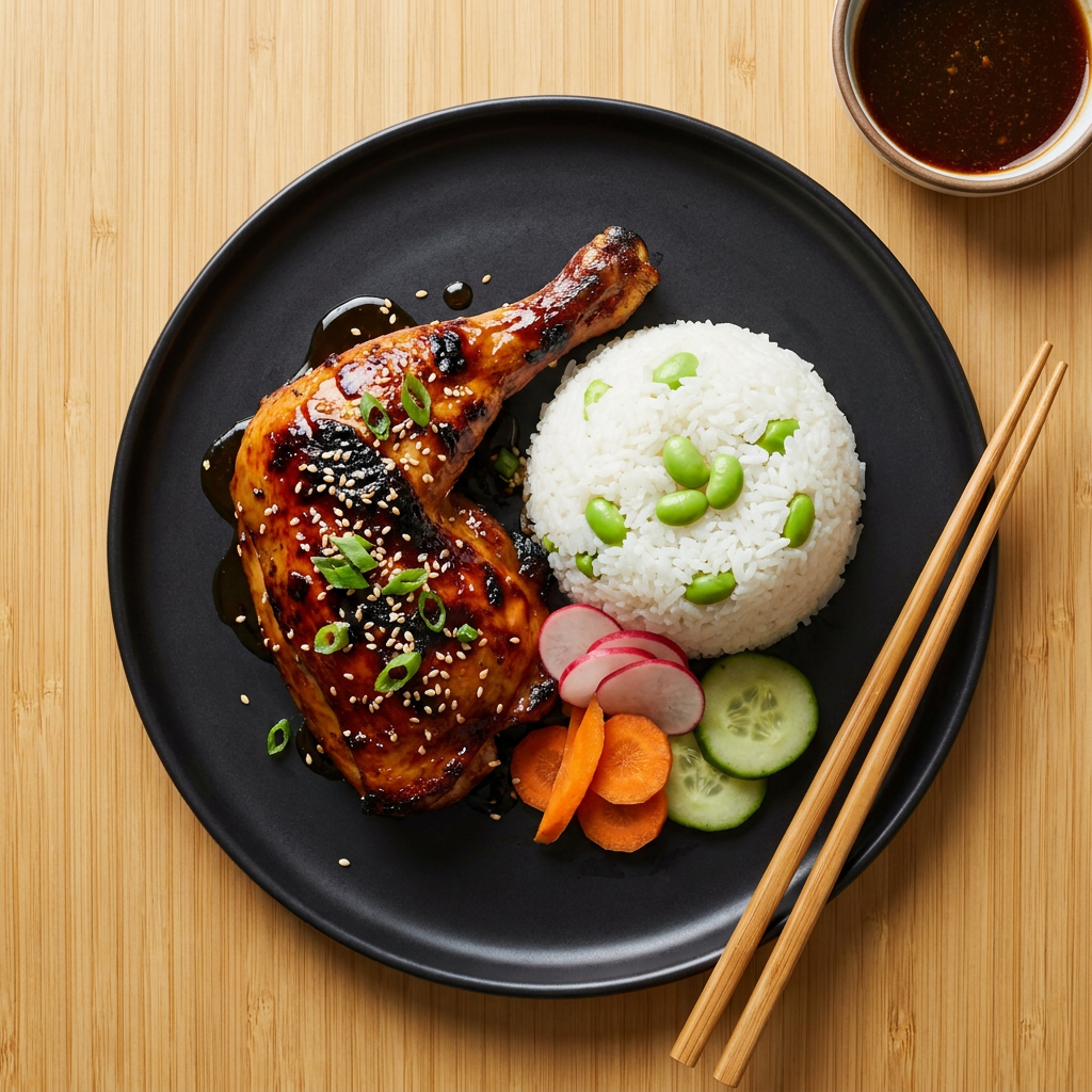 A high-end editorial overhead food shot of a succulent teriyaki chicken glaze glistening on a matte black ceramic plate. The dish is perfectly plated with fluffy steamed rice, vibrant green edamame, and colorful pickled vegetables, all finished with a delicate sprinkle of toasted sesame seeds. Captured in soft, diffused natural morning light on a minimalist bamboo tabletop to create a clean, modern, and appetizing aesthetic.