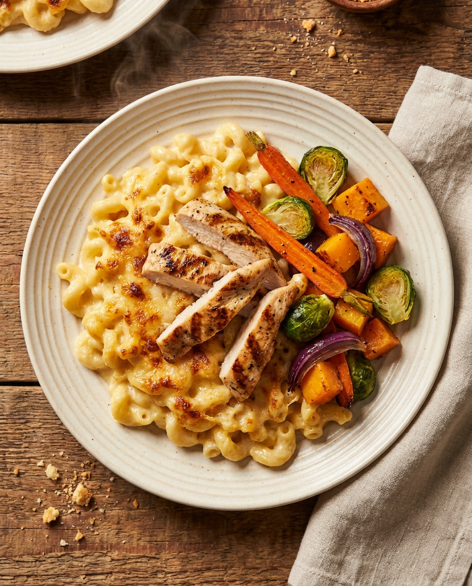 A high-angle top-down shot of creamy, golden mac and cheese topped with perfectly seared grilled chicken strips and a vibrant side of roasted seasonal vegetables. The dish is elegantly plated on a textured cream ceramic dish, set against a weathered, rustic wooden table surface. Soft, cozy warm lighting highlights the rich textures and steam, creating an inviting, premium comfort-food aesthetic.
