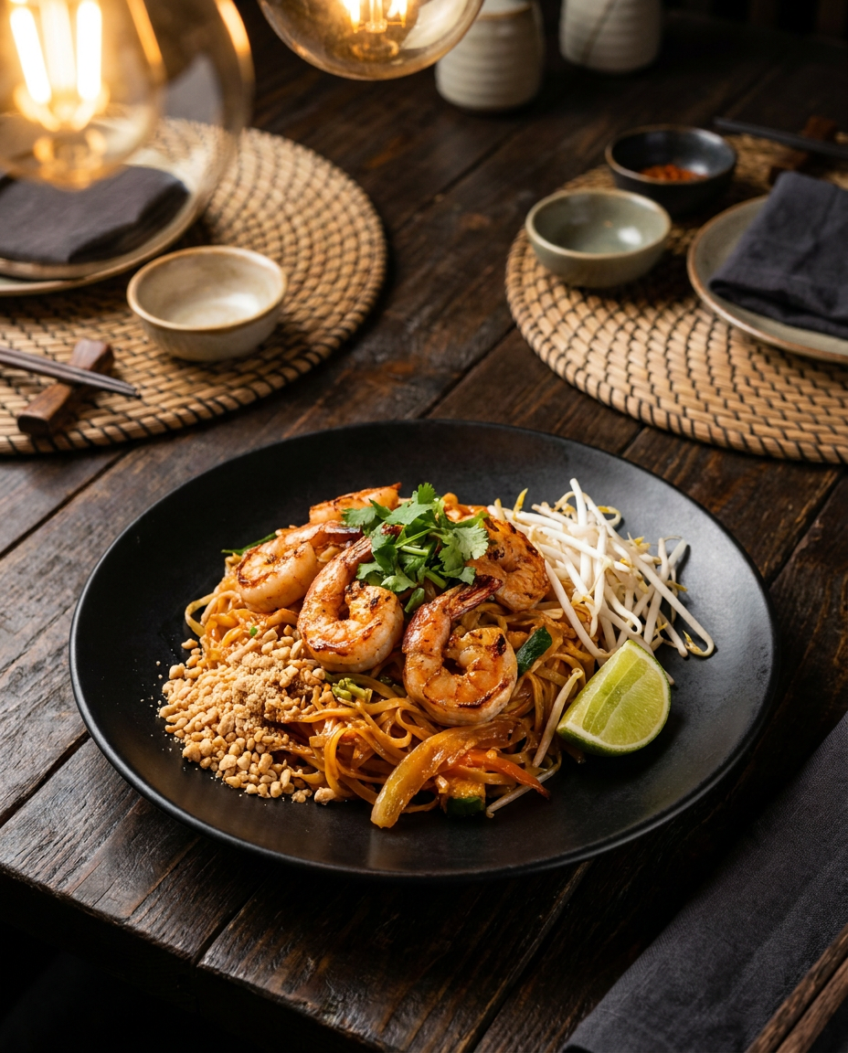 Professional overhead culinary photography of a vibrant Pad Thai dish served on a sleek matte black plate. The composition features succulent grilled shrimp, a generous sprinkle of crushed peanuts, a zesty lime wedge, crisp bean sprouts, and fresh coriander garnish, set against a rich, dark rustic wood table. The scene is illuminated by warm, soft ambient lighting that highlights the textures and gloss of the noodles, captured in a high-end Asian fusion restaurant atmosphere.