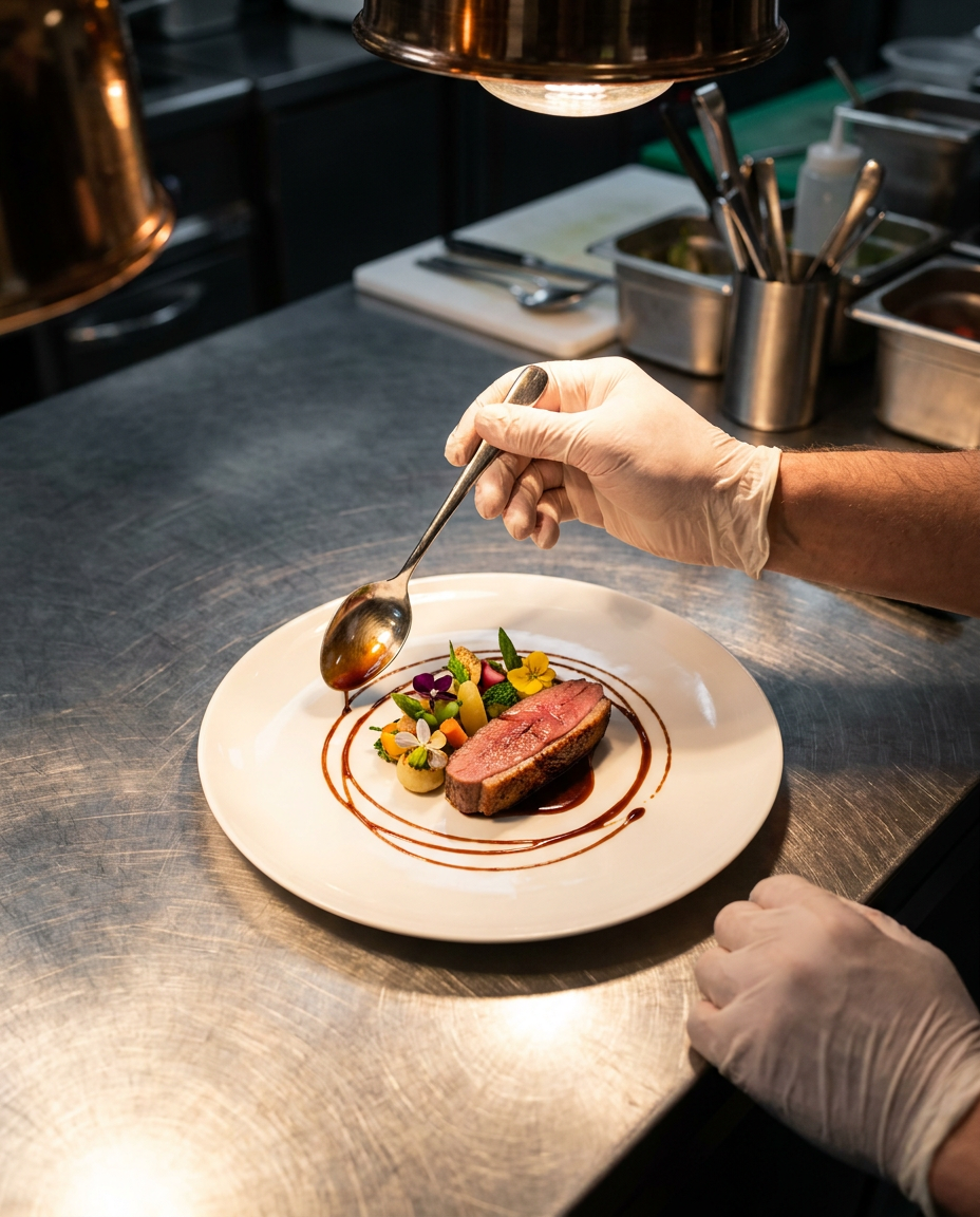 A high-angle, overhead action shot of a professional chef's hands meticulously garnishing a gourmet dish with a precise, elegant sauce drizzle from a polished silver spoon. The scene is set on a pristine, brushed stainless steel countertop in a professional restaurant kitchen, illuminated by soft, focused culinary lighting that highlights textures and glossy sauce details. The composition is clean and minimalist, capturing the artistry of haute cuisine with a sharp, professional depth of field.