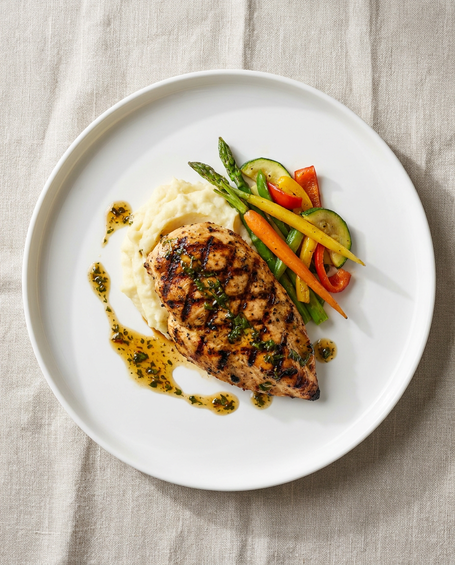 A high-angle, top-down professional food photography shot of a gourmet continental grill plate featuring a perfectly seared grilled chicken breast, a mound of velvety creamy mashed potatoes, and vibrant sautéed seasonal vegetables. A delicate herb sauce is drizzled elegantly over the chicken, presented on a sleek white minimalist ceramic plate against a textured neutral linen backdrop with soft, diffused natural daylight that creates gentle shadows and highlights the appetizing textures.