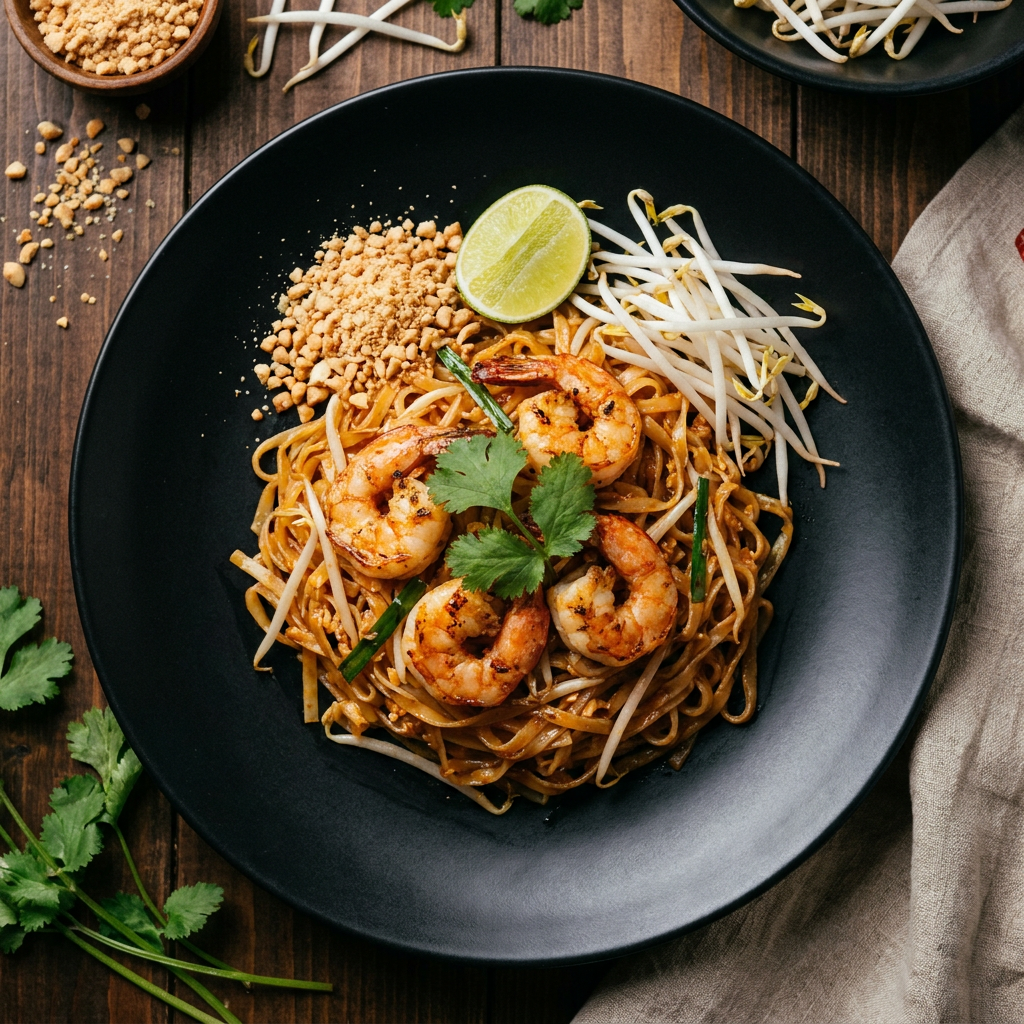 Professional overhead culinary photography of a vibrant Pad Thai dish served on a sleek matte black plate. The composition features succulent grilled shrimp, a generous sprinkle of crushed peanuts, a zesty lime wedge, crisp bean sprouts, and fresh coriander garnish, set against a rich, dark rustic wood table. The scene is illuminated by warm, soft ambient lighting that highlights the textures and gloss of the noodles, captured in a high-end Asian fusion restaurant atmosphere.